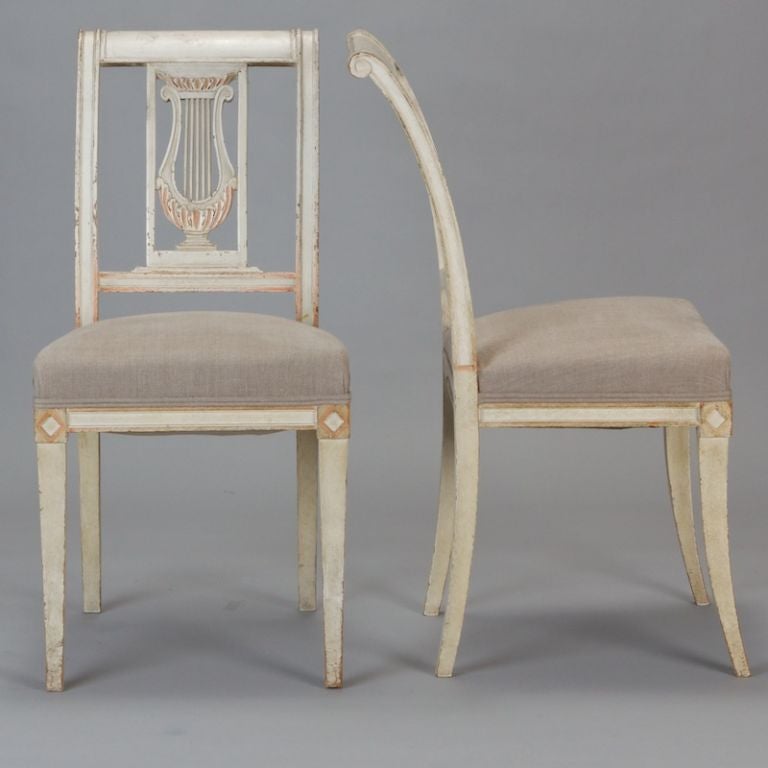 Wood Set of Four French Antique White Painted Lyre Back Chairs