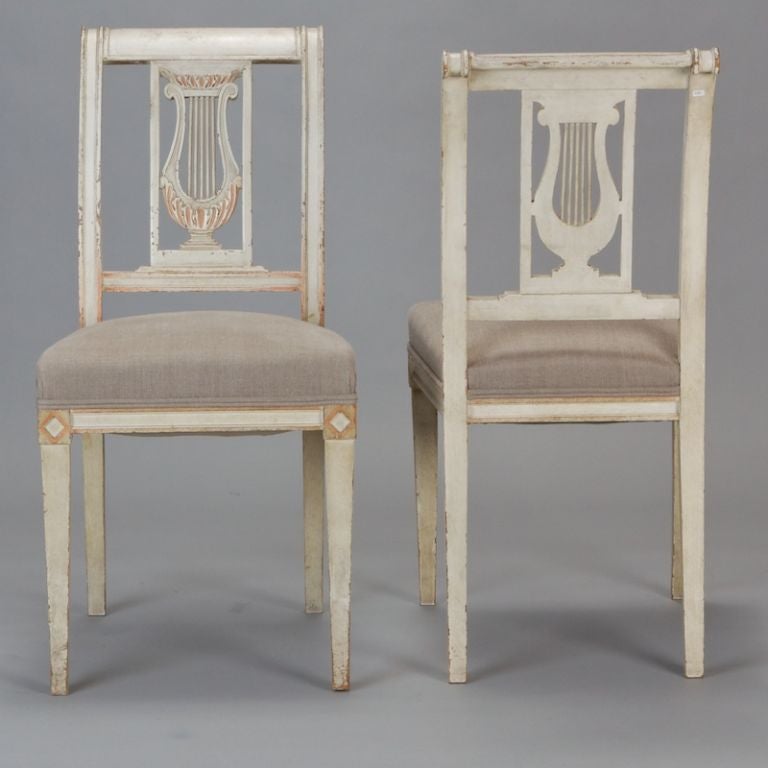 Set of Four French Antique White Painted Lyre Back Chairs 1