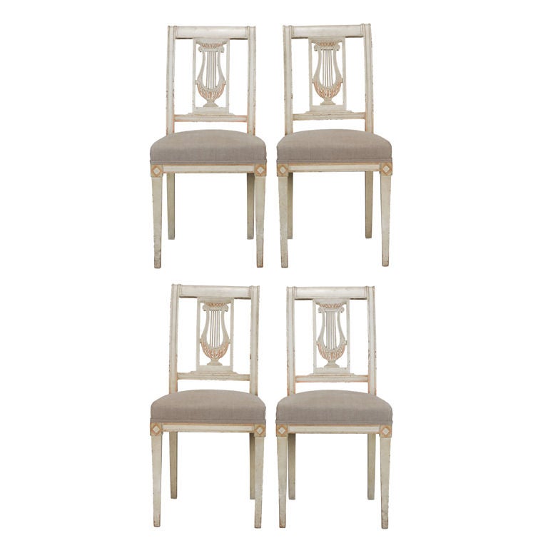 Set of Four French Antique White Painted Lyre Back Chairs