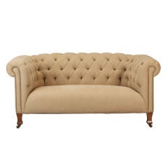 19th Century Linen Covered English Chesterfield Sofa