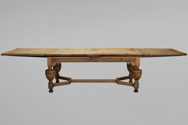 19th Century Bleached Oak French Refractory Table With Spheroidal Legs