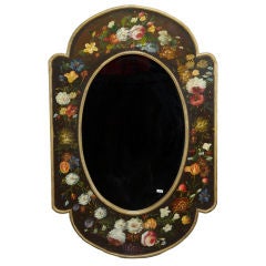 Italian Mirror With Black Frame and Dutch-Style Painted Flowers