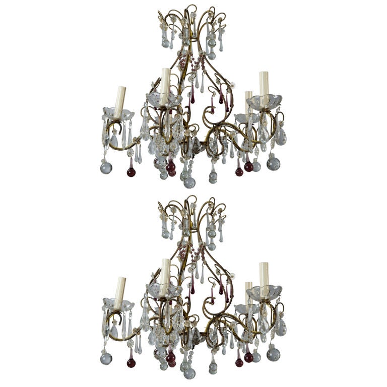 Pair French Five Light Chandeliers with Amethyst Drops