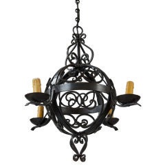 French Round Black Iron Four Branch Chandelier