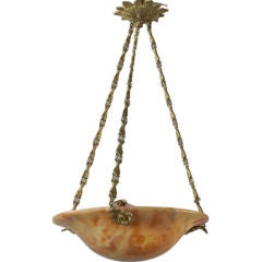 Hanging Alabaster Fixture with Decorative Brass Canopy