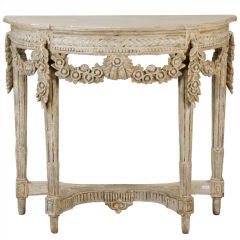 French White Painted Demi Lune Table With Carved Garland