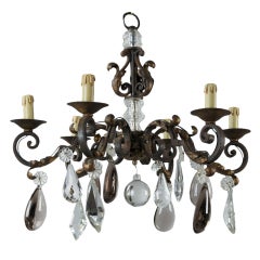 Antique French Iron Chandelier with Large Crystal Drops