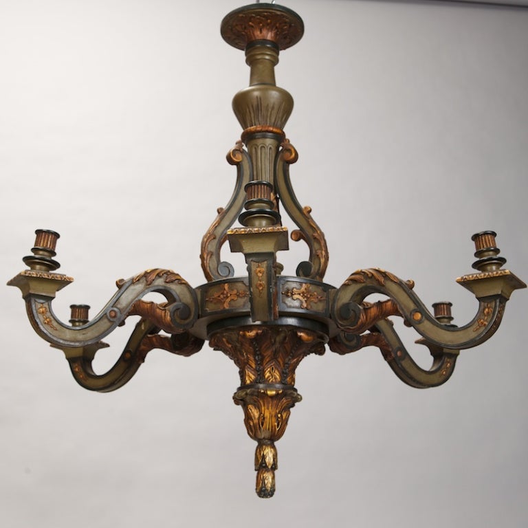 French Carved Wood Painted and Gilded Six-Light Chandelier In Good Condition In Troy, MI