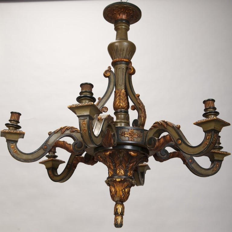 20th Century French Carved Wood Painted and Gilded Six-Light Chandelier