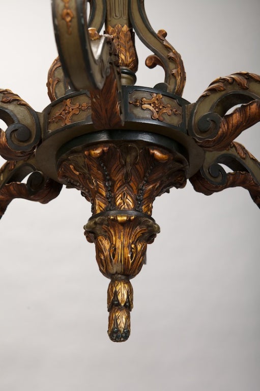 French Carved Wood Painted and Gilded Six-Light Chandelier 1