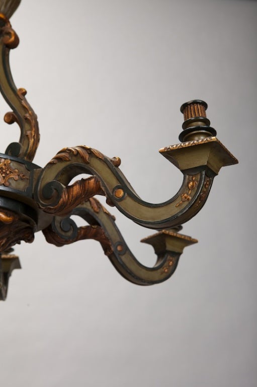 French Carved Wood Painted and Gilded Six-Light Chandelier 2