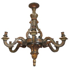Antique French Carved Wood Painted and Gilded Six-Light Chandelier