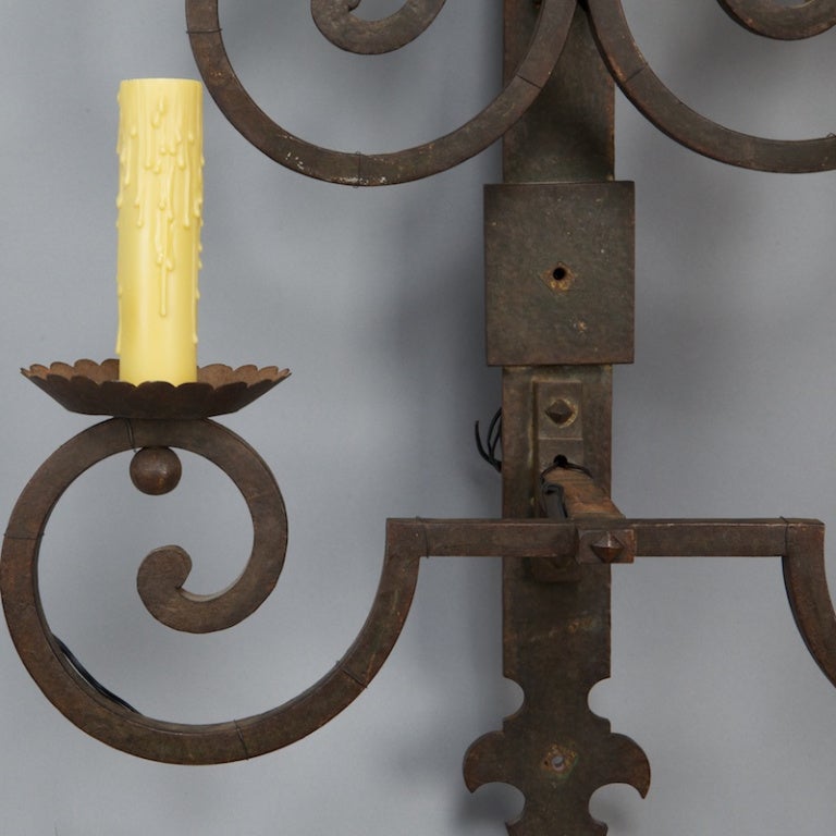 Pair of Tall Four-Light French Forged Iron Sconces at 1stdibs