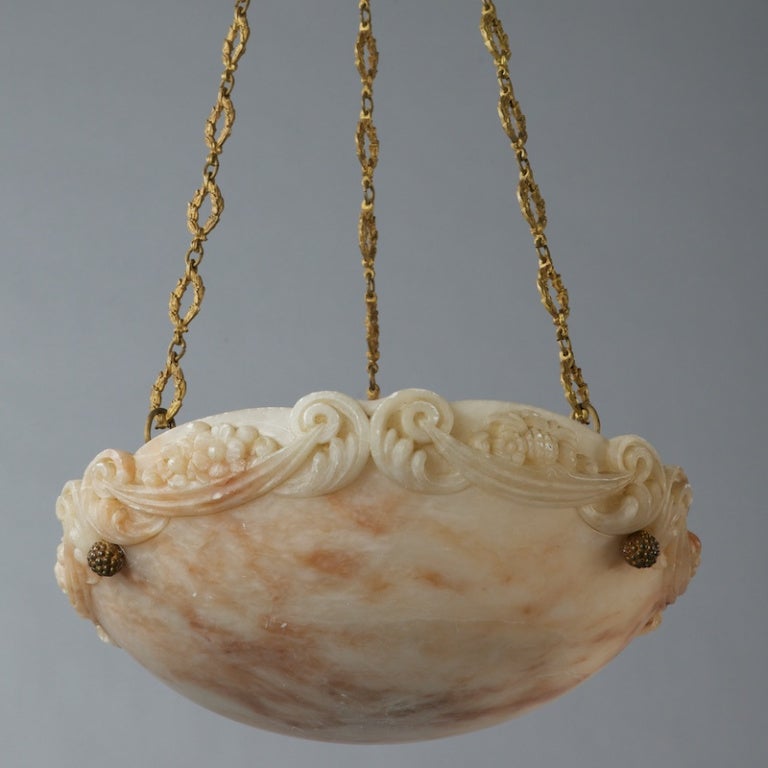 French Hand-Carved Alabaster Hanging Light Fixture with Cast Brass Chain In Good Condition In Troy, MI