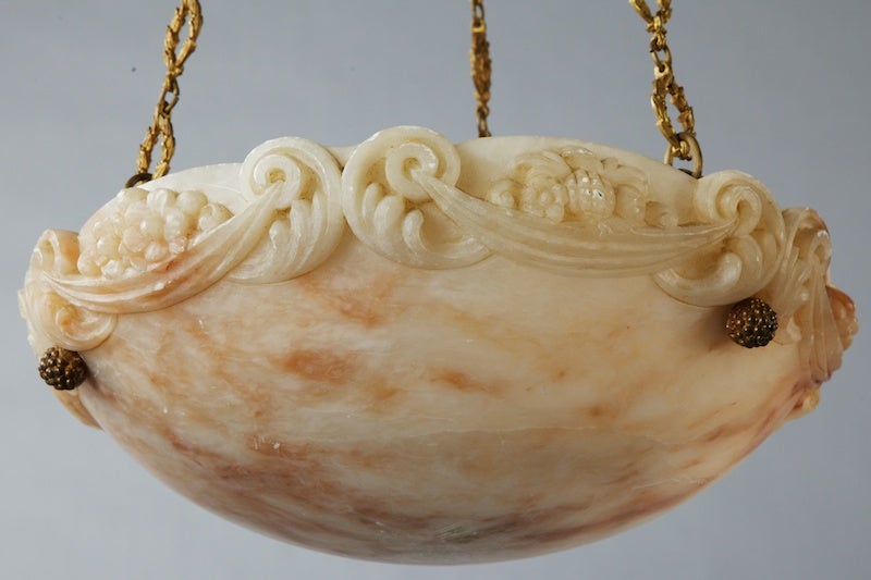 20th Century French Hand-Carved Alabaster Hanging Light Fixture with Cast Brass Chain