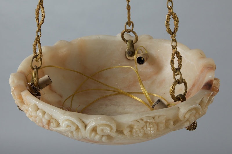 French Hand-Carved Alabaster Hanging Light Fixture with Cast Brass Chain 1