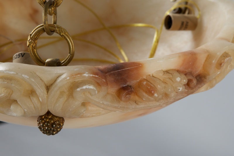 French Hand-Carved Alabaster Hanging Light Fixture with Cast Brass Chain 2