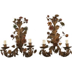 Pair of Large French Painted Tole Two-Light Sconces