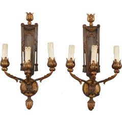 Pair of French Neoclassical Three-Light Gilt Metal Sconces