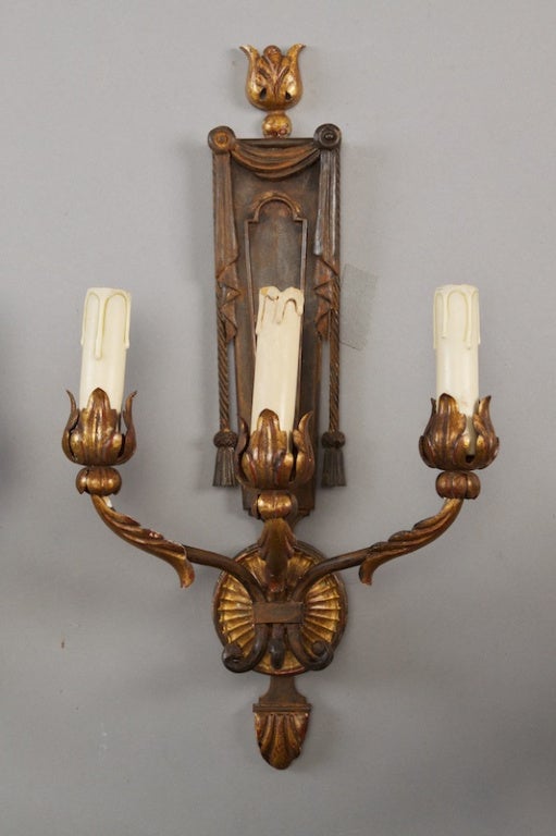 Pair of French Neoclassical Three-Light Gilt Metal Sconces In Good Condition In Troy, MI