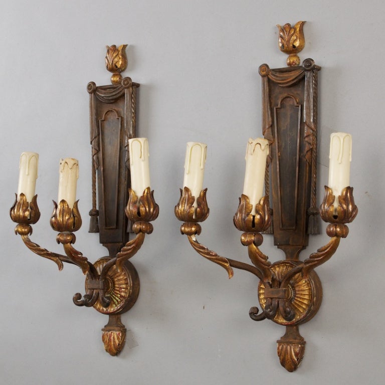 20th Century Pair of French Neoclassical Three-Light Gilt Metal Sconces