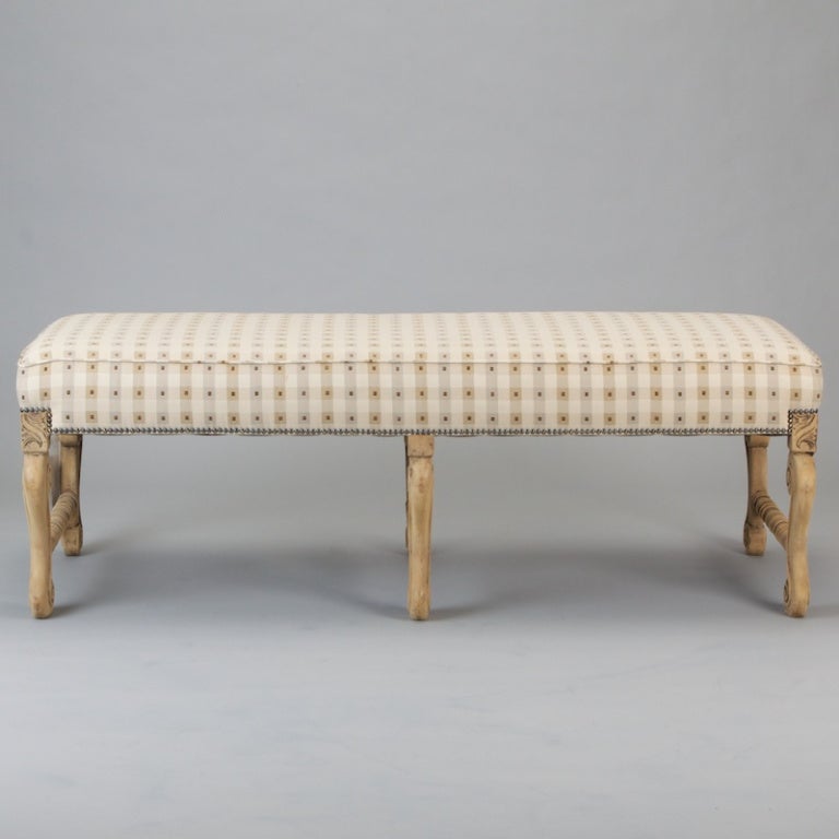 Carved French Six Leg Bleached Oak Upholstered Bench