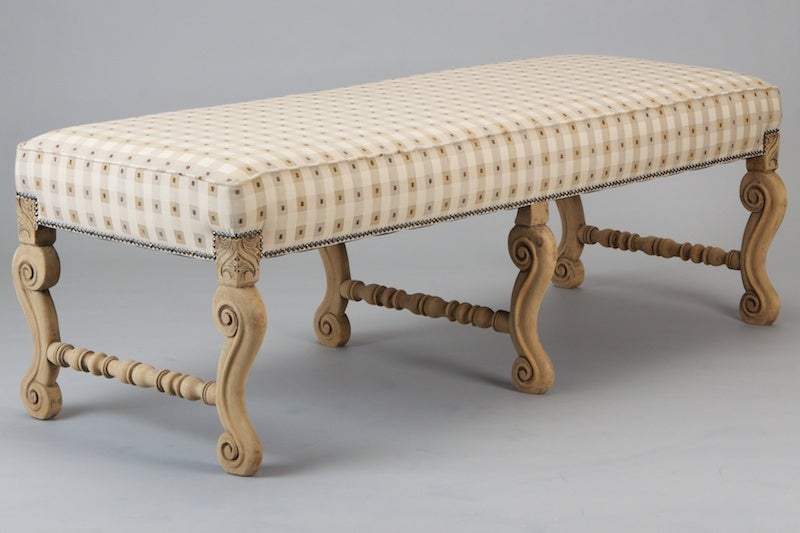 French Six Leg Bleached Oak Upholstered Bench In Excellent Condition In Troy, MI