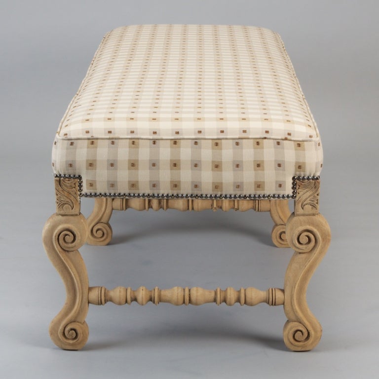 French Six Leg Bleached Oak Upholstered Bench 1