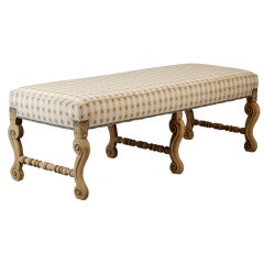 Antique French Six Leg Bleached Oak Upholstered Bench