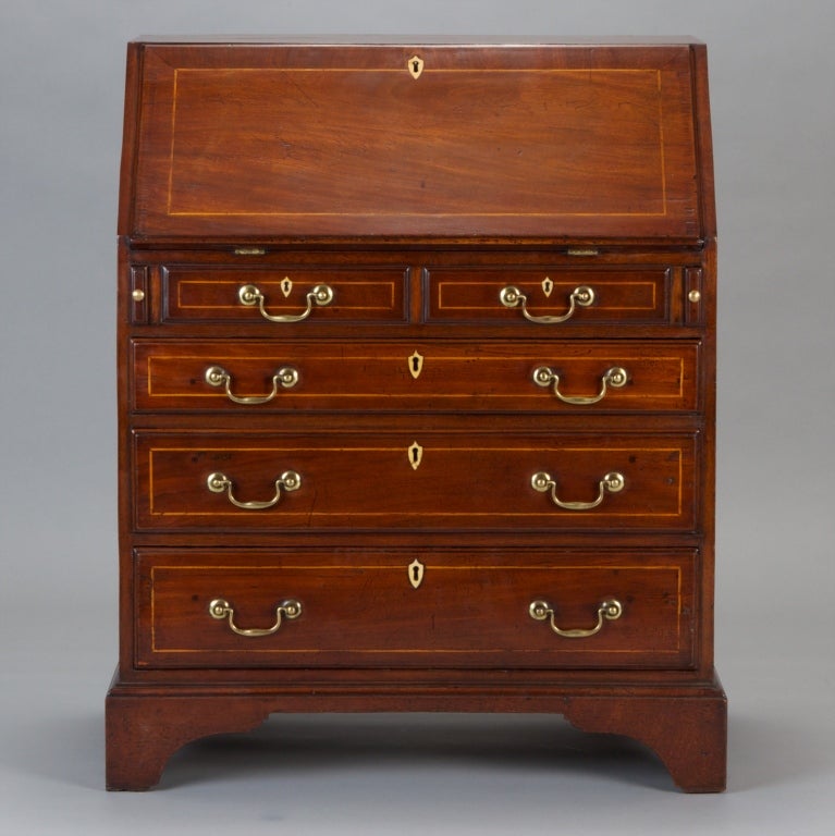 Small Georgian Mahogany Bureau Desk With Ivory Inlay