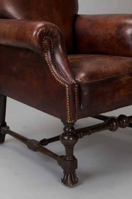 Carved French Brown Leather Library Chair With Brass Nailhead Trim