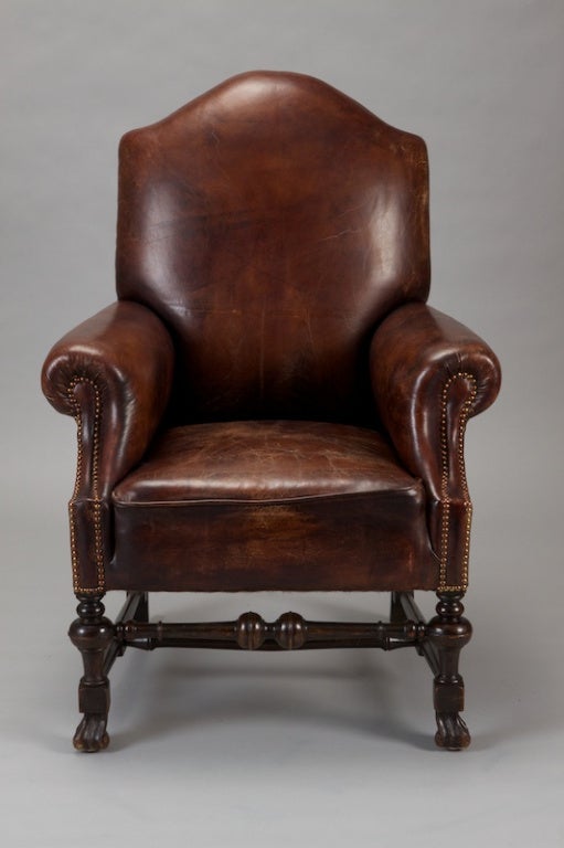 French Brown Leather Library Chair With Brass Nailhead Trim In Excellent Condition In Troy, MI