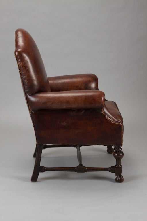 20th Century French Brown Leather Library Chair With Brass Nailhead Trim