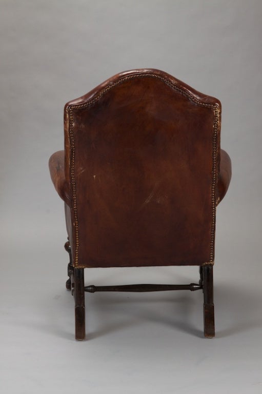 French Brown Leather Library Chair With Brass Nailhead Trim 1