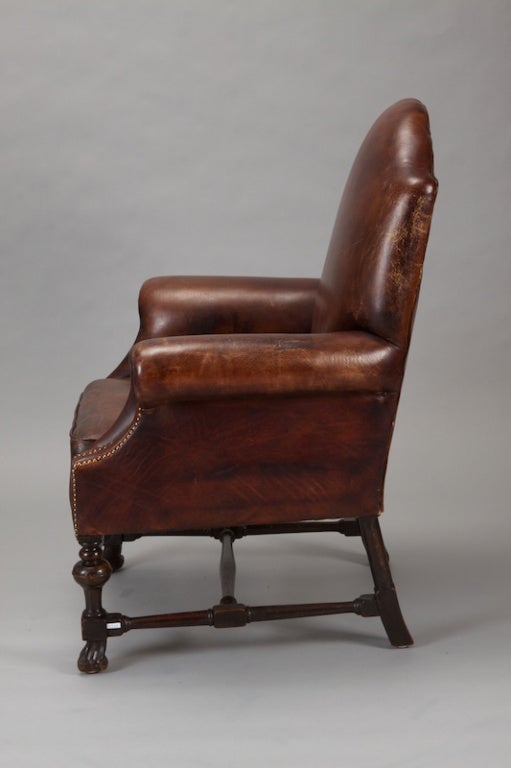 French Brown Leather Library Chair With Brass Nailhead Trim 2