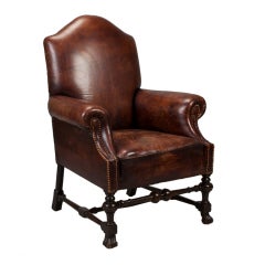 French Brown Leather Library Chair With Brass Nailhead Trim