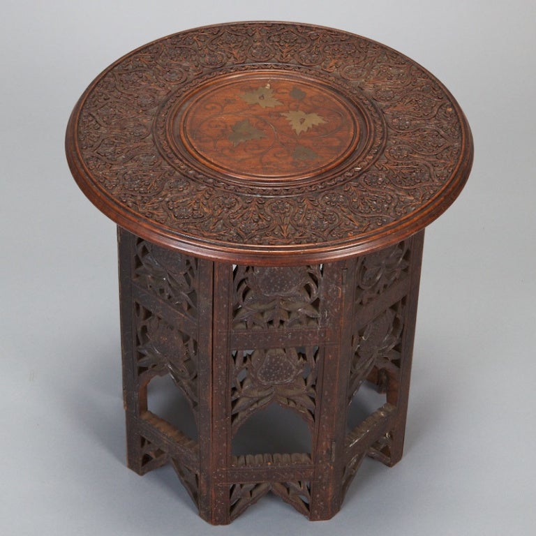 Small Carved Wood Moorish Table With Brass Inlay