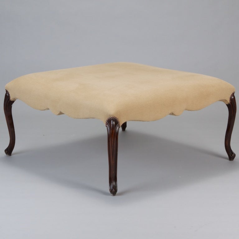 French Square Upholstered Stool with Walnut Legs In Excellent Condition In Troy, MI