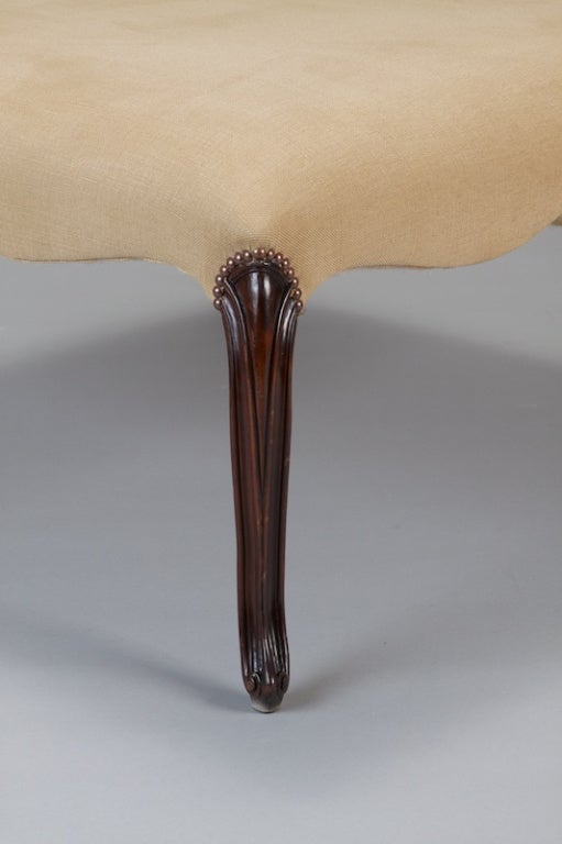 19th Century French Square Upholstered Stool with Walnut Legs
