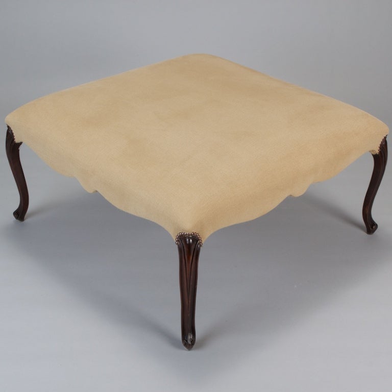 French Square Upholstered Stool with Walnut Legs 1