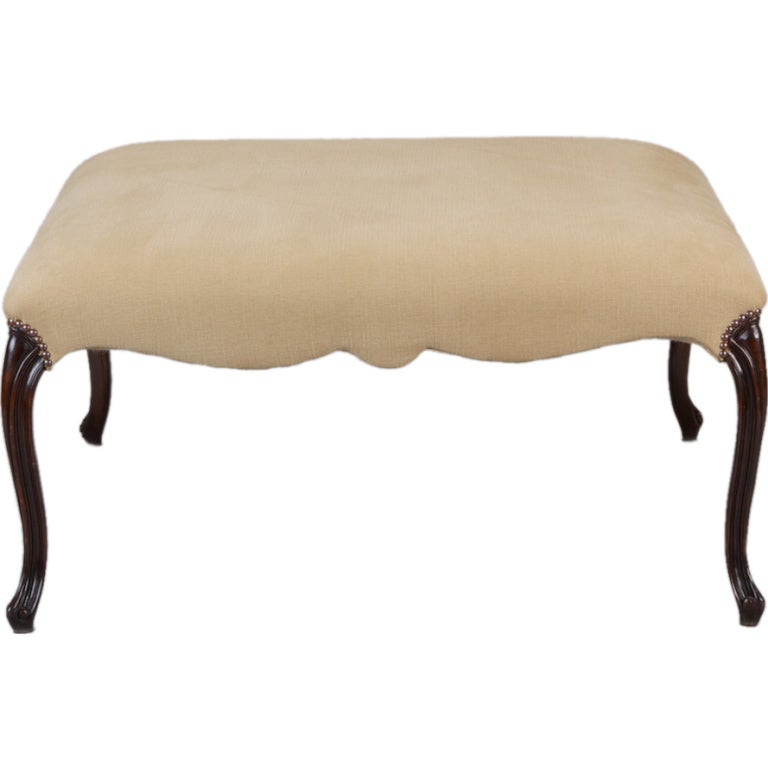 French Square Upholstered Stool with Walnut Legs
