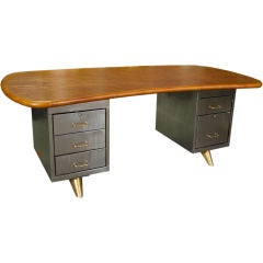 Mid Century Industrial Polished Steel & Leather Desk