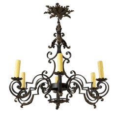 French Six Light Iron Chandelier with Gilt Bronze Canopy