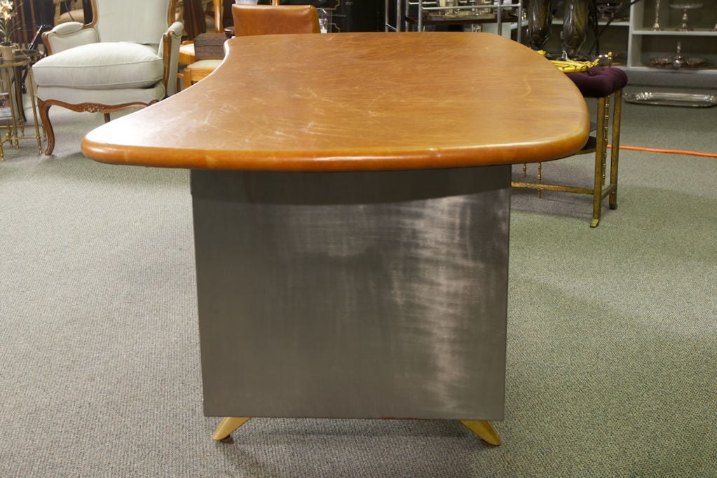 Mid Century Industrial Polished Steel & Leather Desk In Excellent Condition In Troy, MI