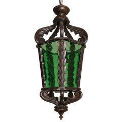 Carved Wood Lantern With Green Glass