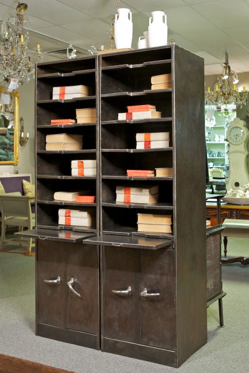 Pair of Tall Narrow Industrial Metal Cabinets with Shelves