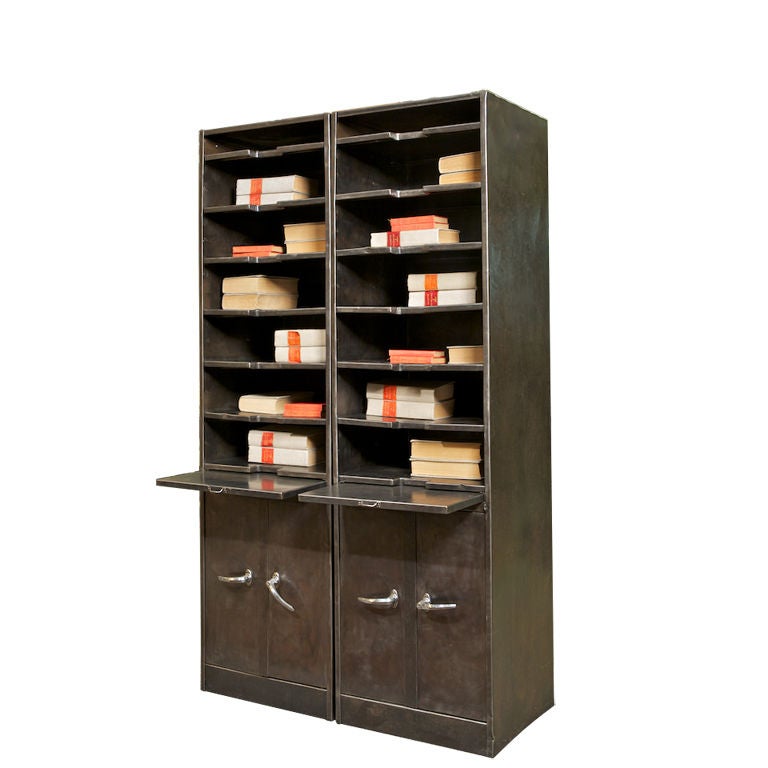 Pair of Tall Narrow Industrial Metal with Shelves at 1stdibs