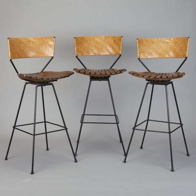 Set of 3 Arthur Umanoff Mid Century Swivel Bar Stools with Woven