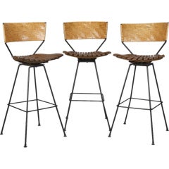 Vintage Set of 3 Arthur Umanoff Mid Century Swivel Bar Stools with Woven