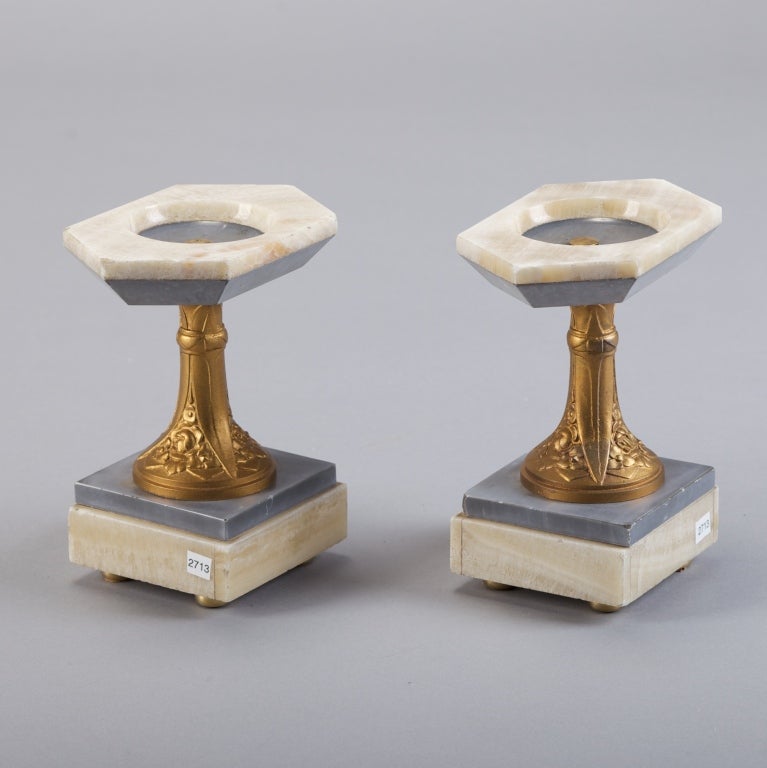 Pair White Marble Art Nouveau Stands With Bronze Columns